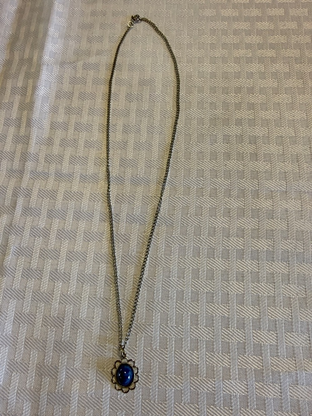 Vintage Silver-Tone Necklace with Blue Cabochon Flower Pendant
